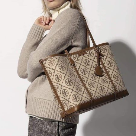 Tory Burch T Monogram PERI Jacquard Embroidered Large 3 compartment Tote Bag